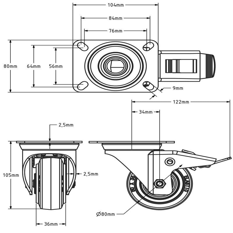 Elastische Gummi-Lenkrolle mit Bremse 80 mm - Rollenlager - 110 kg