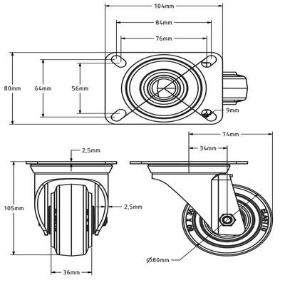 Gummilenkrolle 80 mm - Rollenlager - 110 kg
