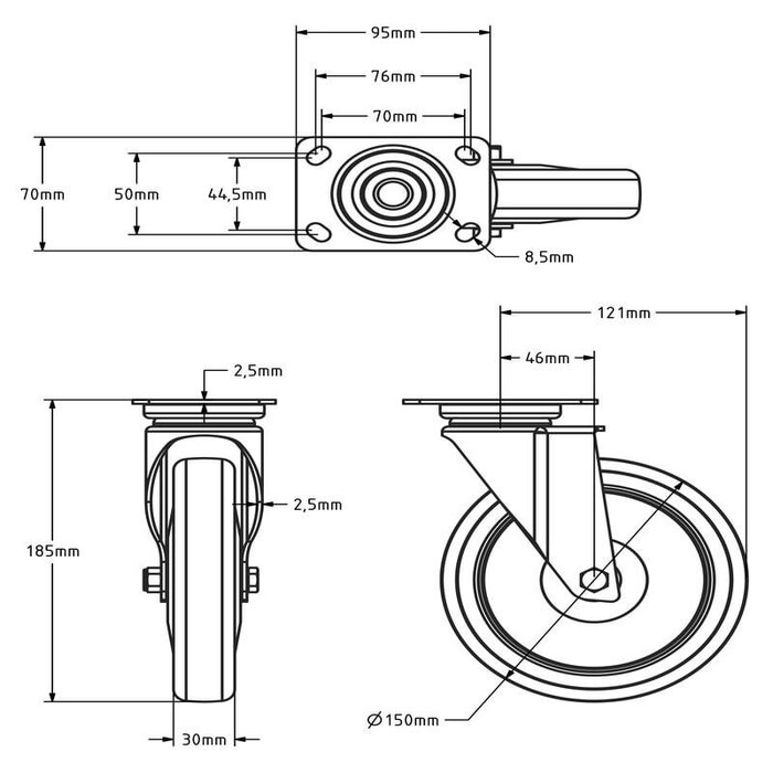 Lenkrolle 150 mm - Kugellager - 100 kg