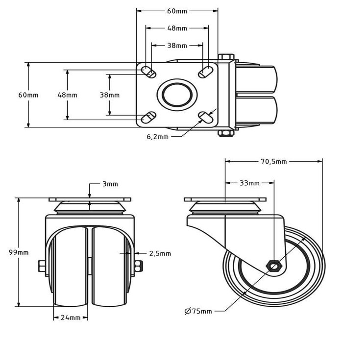 Doppellenkrolle 75 mm - Kugellager - Platte - 100 kg