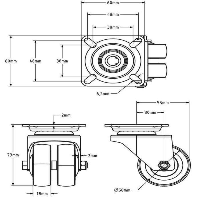 Doppel Lenkrolle 50 mm - Kugellager - Platte - 80 kg