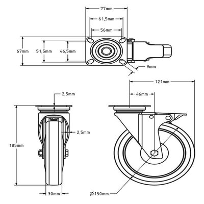 Apparate Lenkrolle mit Bremse 150 mm - Kugellager - 100 kg