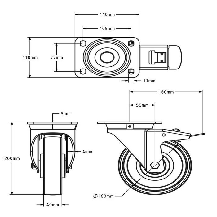 Derby Ruote Edelstahl Schwerlast Lenkrollen mit Bremse 160 mm - Nylon - 700 kg
