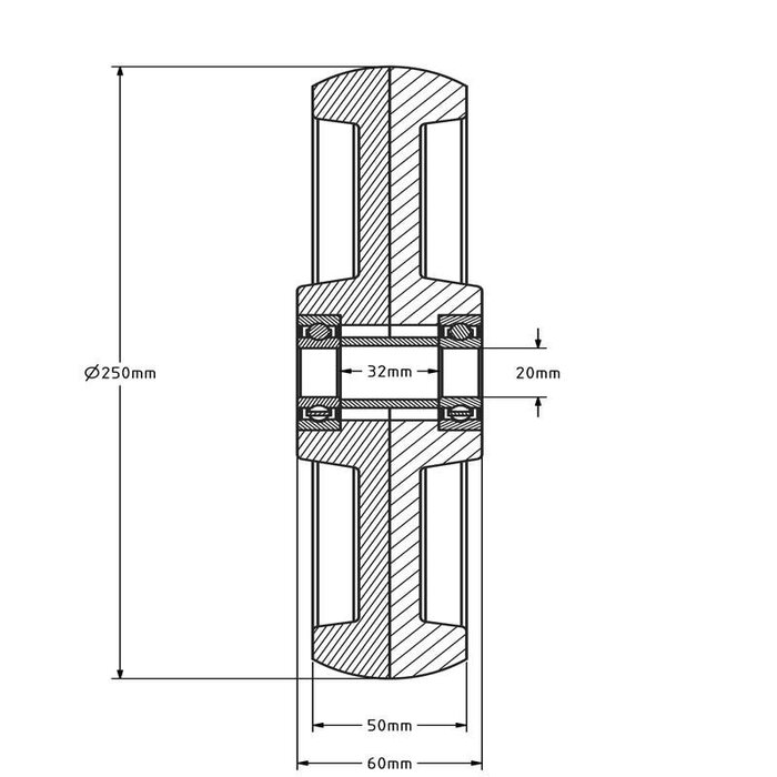 Nylon Rad 250 mm - Kugellagerbohrung 20 mm - 1200 kg