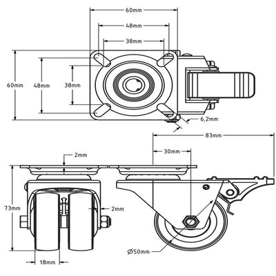 Doppel Lenkrolle mit Bremse 50 mm - Kugellager - Platte - 80 kg