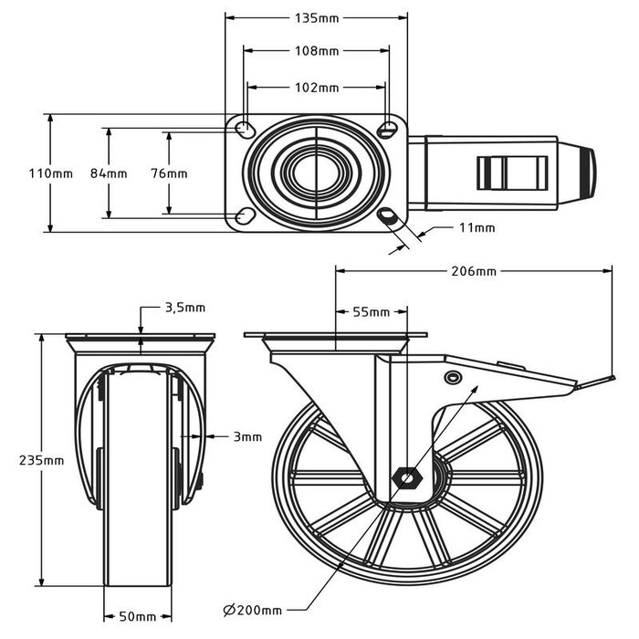 Polyurethan-Lenkrolle mit Bremse 200 mm - Kugellager - 400 kg