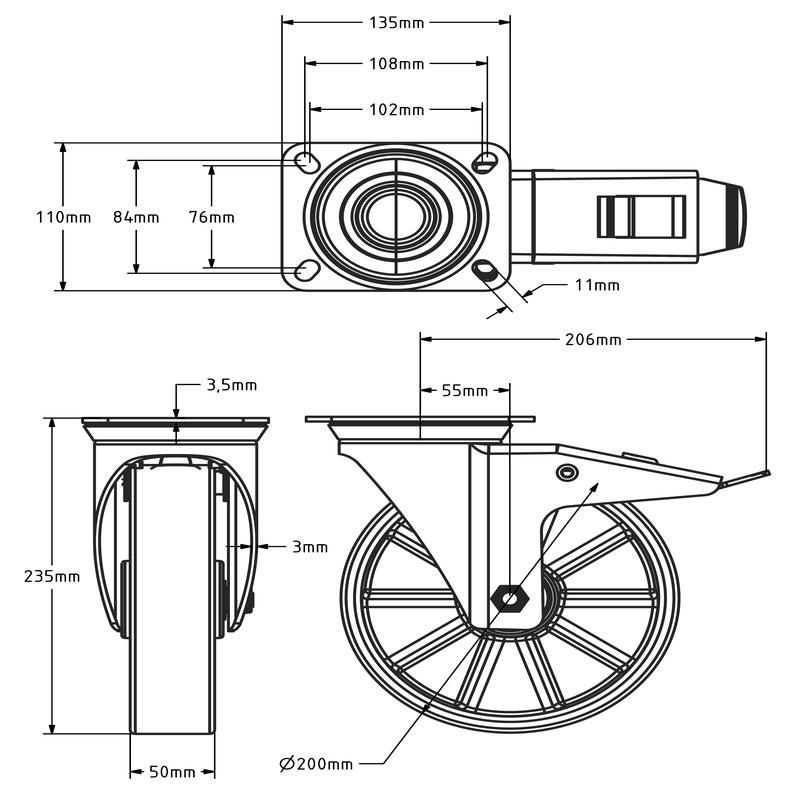 Polyurethan-Lenkrolle mit Bremse 200 mm - Kugellager - 400 kg