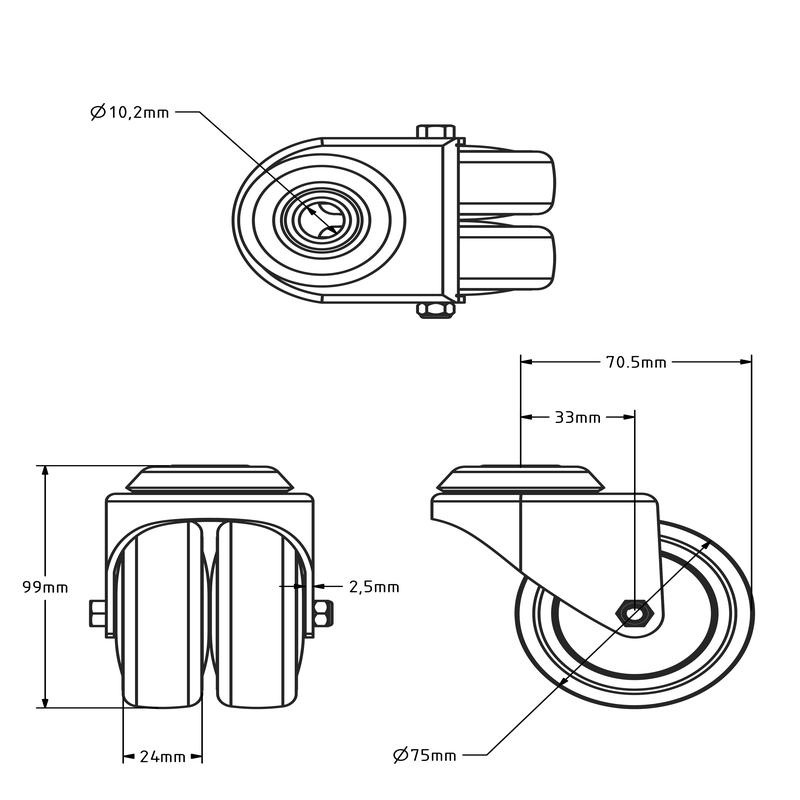 Apparate-Doppelrolle 75 mm - Kugellager - Rückenloch - 120 kg