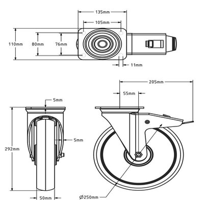 Schwerlast Lenkrollen aus Nylon mit Bremse 250 mm - 1200 kg