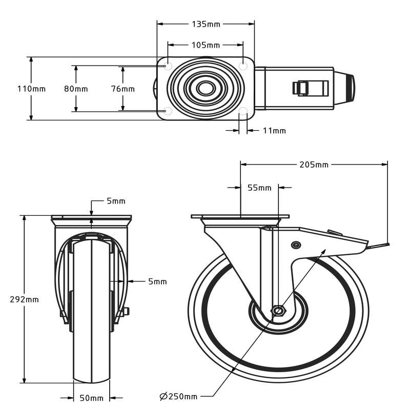 Polyamid-Schwerlast-Lenkrolle mit Bremse 250 mm - Kugellager - 1200 kg