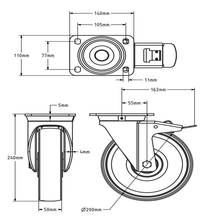 Derby Ruote Edelstahl Schwerlast Lenkrollen mit Bremse 200 mm - Nylon - 900 kg