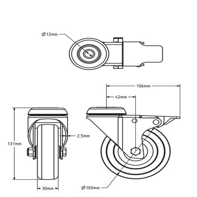 Derby Ruote Lenkrollen mit Bremse aus Edelstahl 100 mm - Gummi - 80 kg
