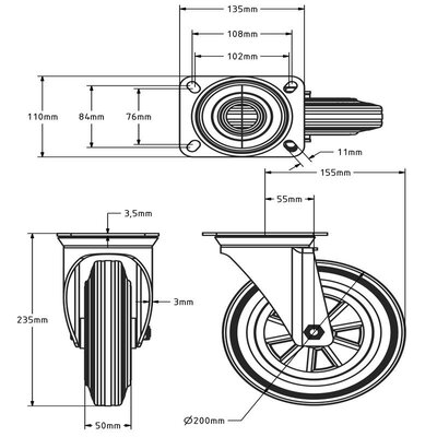 Gummi-Lenkrolle 200 mm - Rollenlager - 205 kg