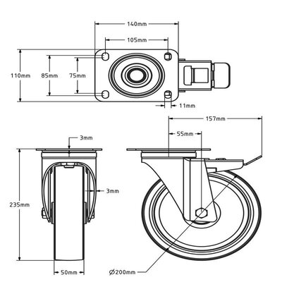 Lenkrollen mit Bremse aus Edelstahl 200 mm - Rollenlager - 300 kg