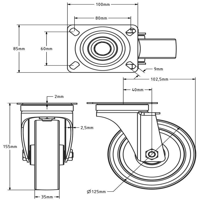 Edelstahl Lenkrolle 125 mm - Rollenlager - 200 kg