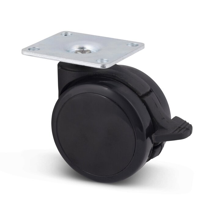 Schwarze Möbelrolle mit Bremse 75 mm - Platte 70x58 mm - 75 kg