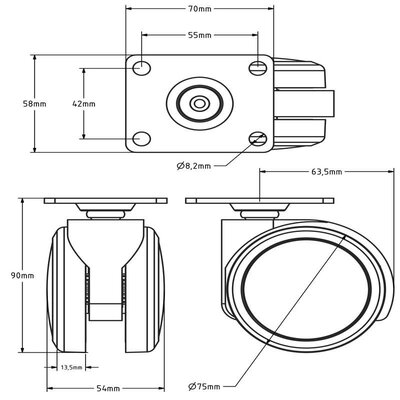 Schwarzes Möbelrad 75 mm - 70x58 - 75 kg