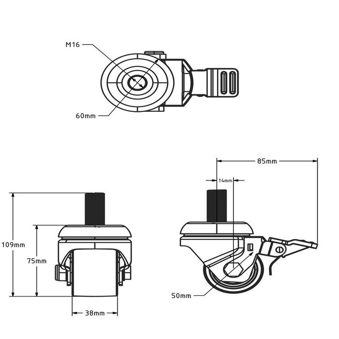 Schwerlast Lenkrollen aus Nylon mit Bremse 50 mm - 300 kg