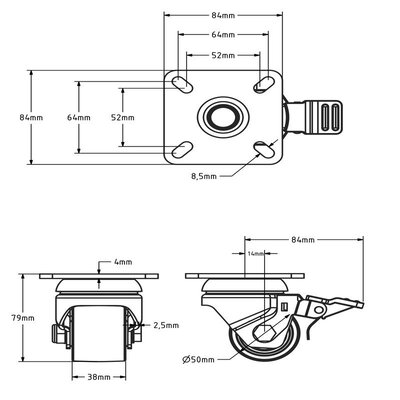 Schwerlast Lenkrollen aus Nylon mit Bremse 50 mm - 300 kg