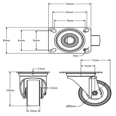 Nylon Lenkrolle 80 mm - Rollenlager - 125 kg