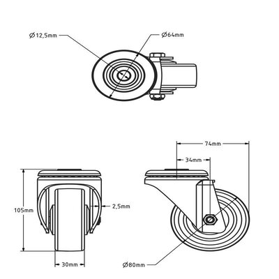 Gummilenkrolle 80 mm - Kugellager - 80 kg