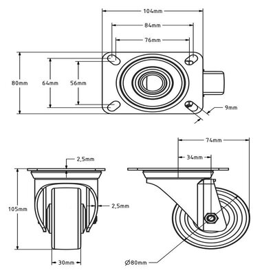 Gummilenkrolle 80 mm - Kugellager - 80 kg