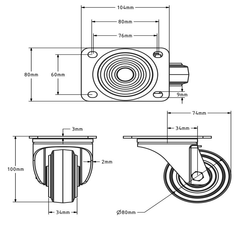 Schwarze Lenkrolle 80 mm - Rollenlager - 100 kg