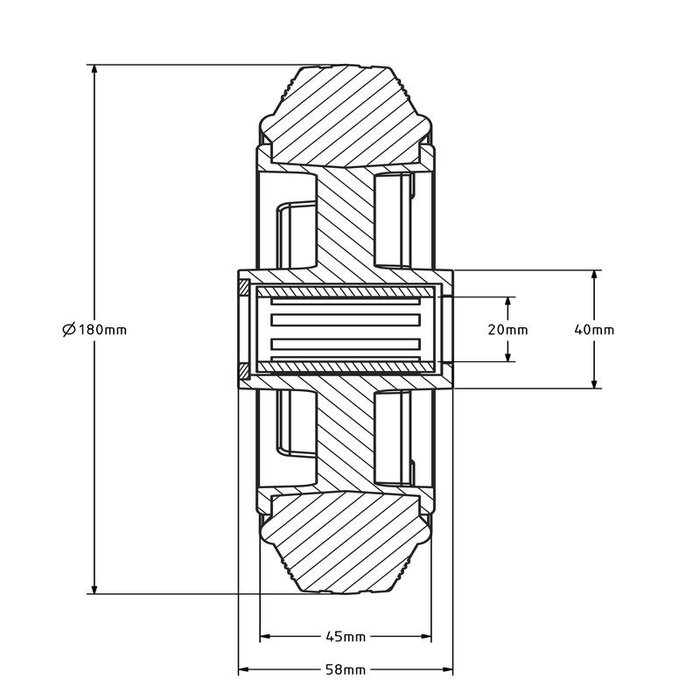 Gummirad 180 mm - Rollenlagerbohrung 20 mm - 170 kg