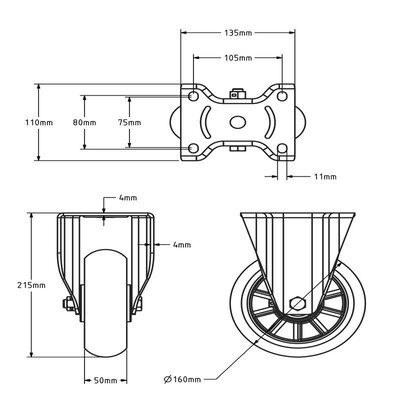 Ergonomische Polyurethan-Bockrolle 160 mm - Kugellager - 500 kg