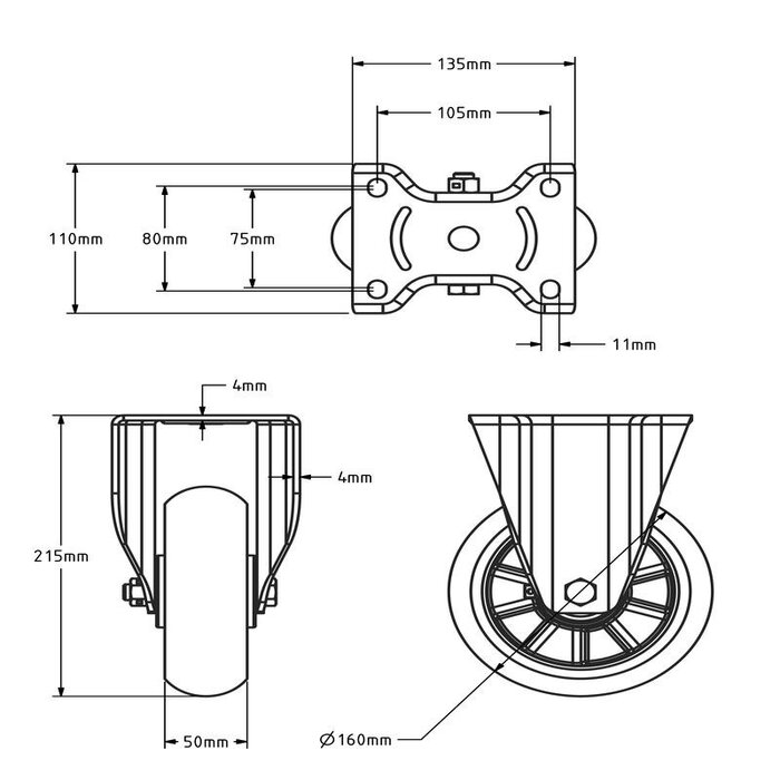 Ergonomische Polyurethan-Bockrolle 160 mm - Kugellager - 500 kg
