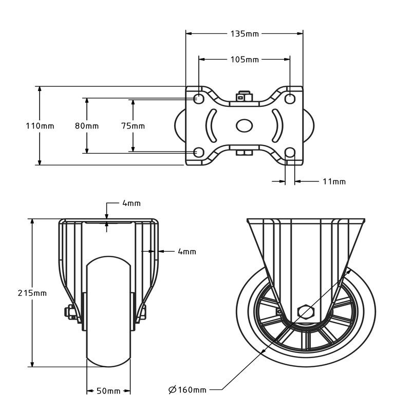 Ergonomische Polyurethan-Bockrolle 160 mm - Kugellager - 500 kg