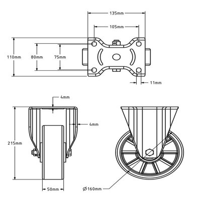 Polyurethan-Schwerlast-Bockrolle 160 mm - Kugellager - 800 kg