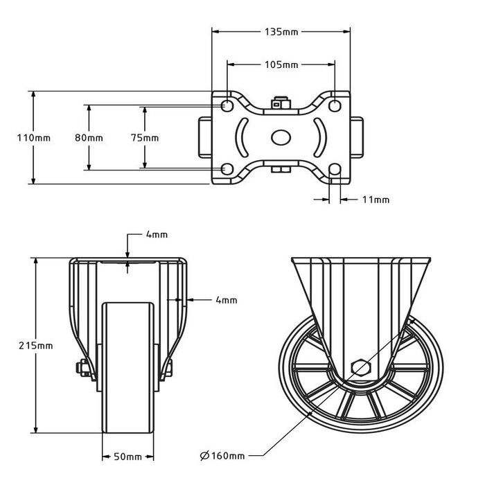 Polyurethan-Schwerlast-Bockrolle 160 mm - Kugellager - 800 kg