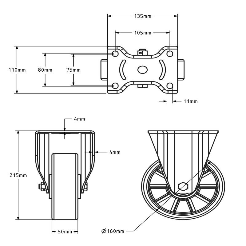 Polyurethan-Schwerlast-Bockrolle 160 mm - Kugellager - 800 kg