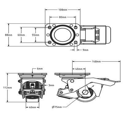 Hebe Lenkrolle mit Stellfuß 75 mm - PU - 350 kg