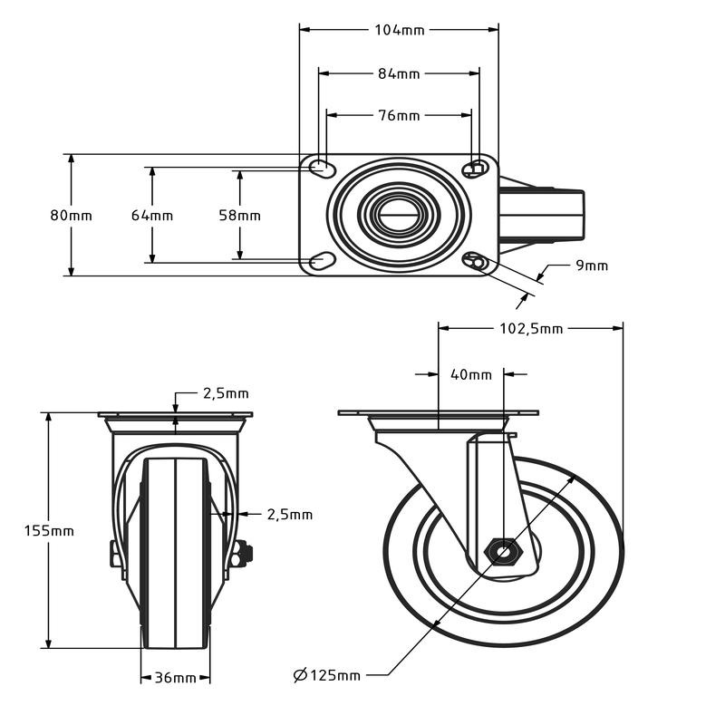 Blue Wheel Lenkrolle 125 mm - 220 kg
