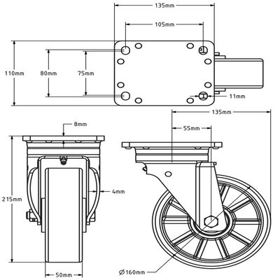 Polyurethan-Schwerlast-Lenkrolle 160 mm - Kugellager - 800 kg