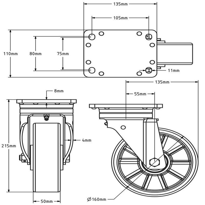 Polyurethan-Schwerlast-Lenkrolle 160 mm - Kugellager - 800 kg