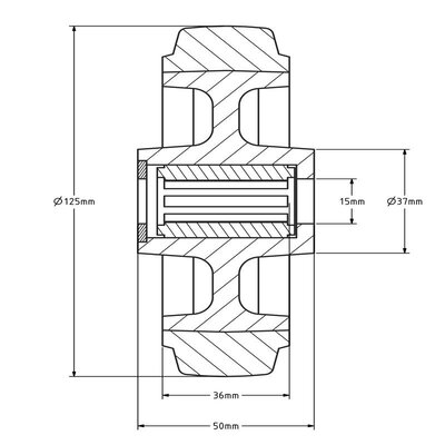 Elastisches Gummirad 125 mm - Edelstahl-Rollenlager 15 mm - 250 kg