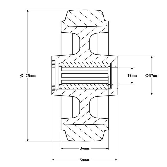 Elastisches Gummirad 125 mm - Edelstahl-Rollenlager 15 mm - 250 kg