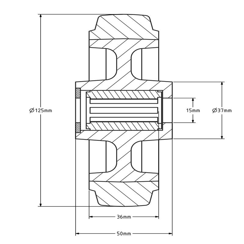 Elastisches Gummirad 125 mm - Edelstahl-Rollenlager 15 mm - 250 kg