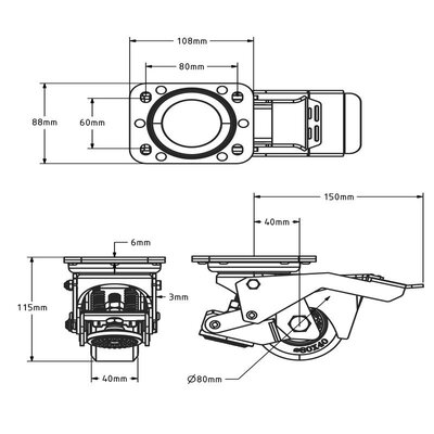 Edelstahl Hub Lenkrolle mit verstellbarem Fuß 80 mm - Nylon - 350 kg