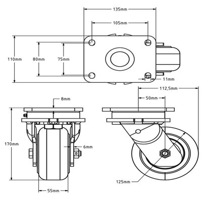 Gusspolyamid Schwerlast-Lenkrolle 125 mm - 2000 kg