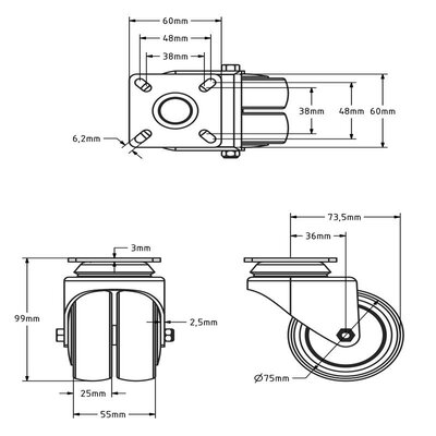 Doppelte schwarze Lenkrolle 75 mm - Platte - 100 kg