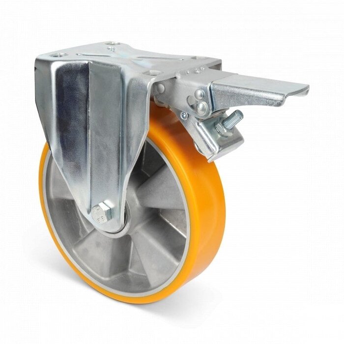 Polyurethan Schwerlast-Bockrolle mit Bremse 200 mm - Kugellager - 900 kg