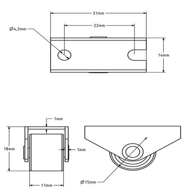 Bockrolle 15 mm - Schubladenrad - 20 kg