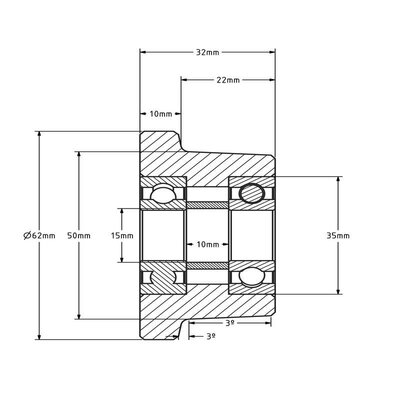 Stahl-Spurkranzrad 50 mm - Kugellager 15 mm - 500 kg