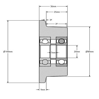 Stahl-Spurkranzrad 80 mm - Kugellager 20 mm - 1000 kg