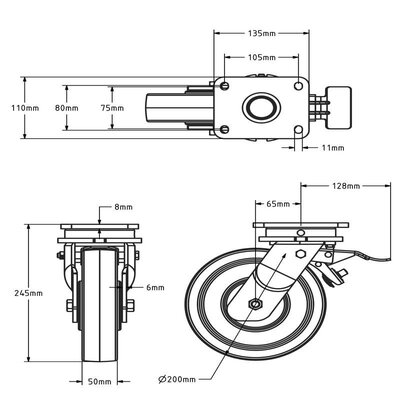 Polyamid-Schwerlast-Lenkrolle mit Bremse 200 mm - Kugellager - 1300 kg