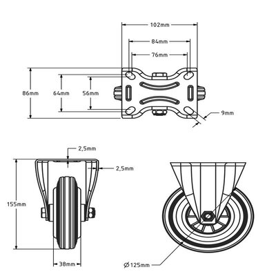 Bockrolle aus Gummi 125 mm - Rollenlager - 100 kg